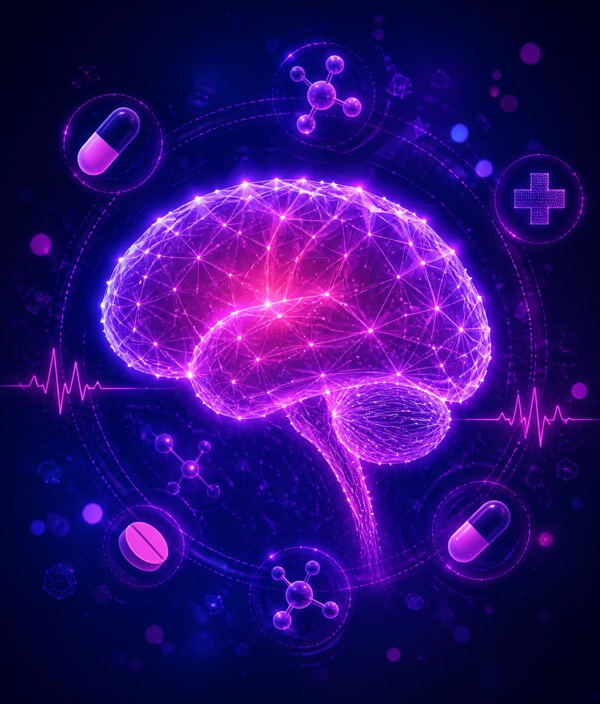 Neon abstract illustration of a glowing brain with medical icons